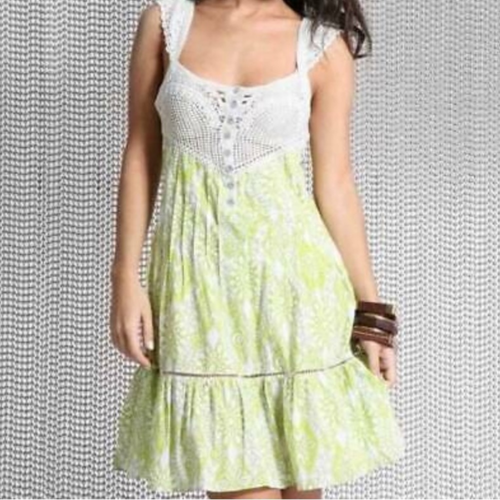 Free People Floral Coastline Cottagecore Crochet Lime Dress Rare W-688 Sz 2